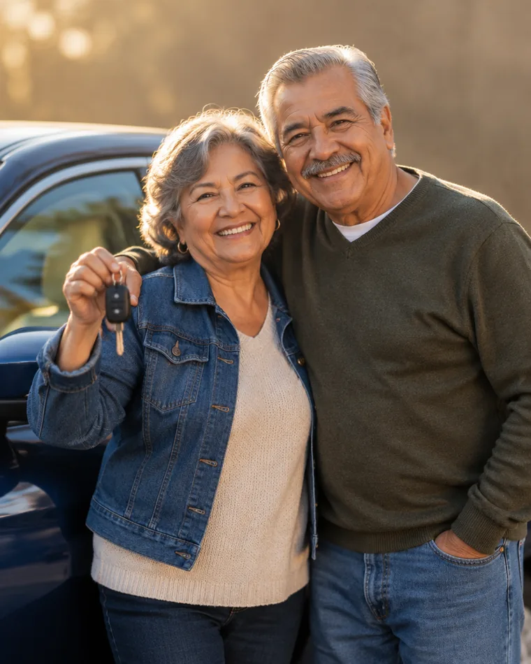A happy couple holding the keys to the car they were just approved for at Reids Auto Connection.