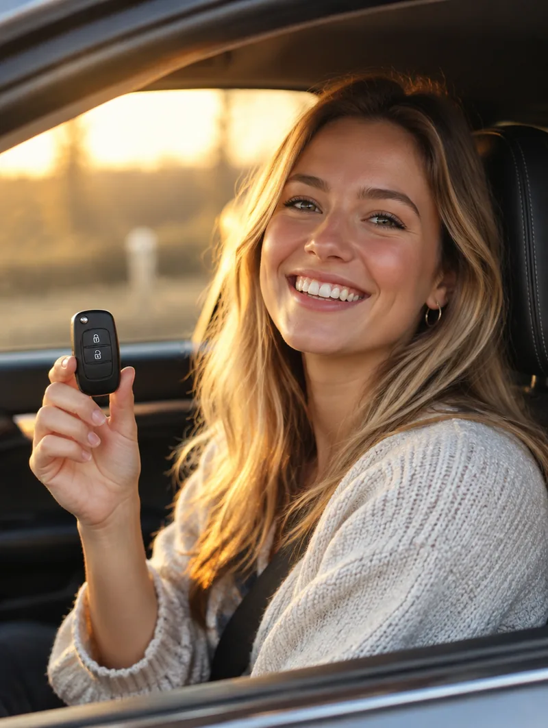 A happy young woman in the driver’s seat holding up the key to the car she was just approved for at Reids Auto Connection.