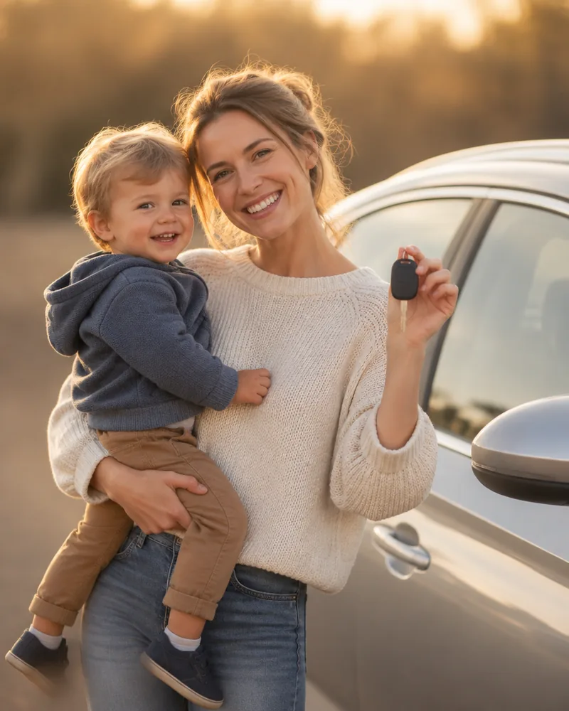 A happy single mother holding her young child and the keys to the car she was just approved for at Reids Auto Connection.